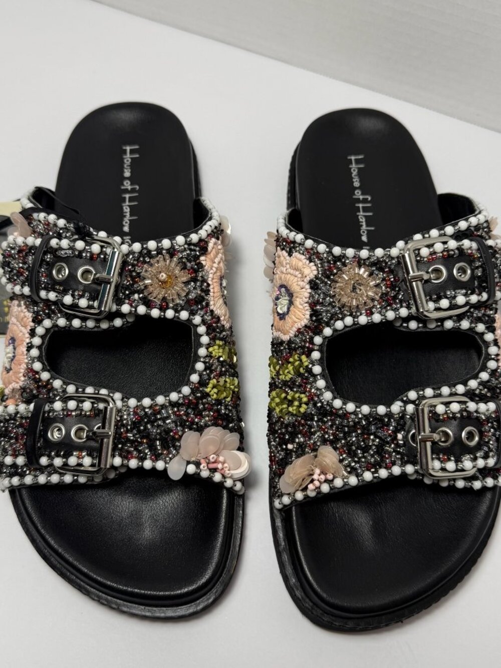 House of Harlow 1960 Beaded Sandal Sz 7.5 Boho Beach Vacation Pink Floral Slides
